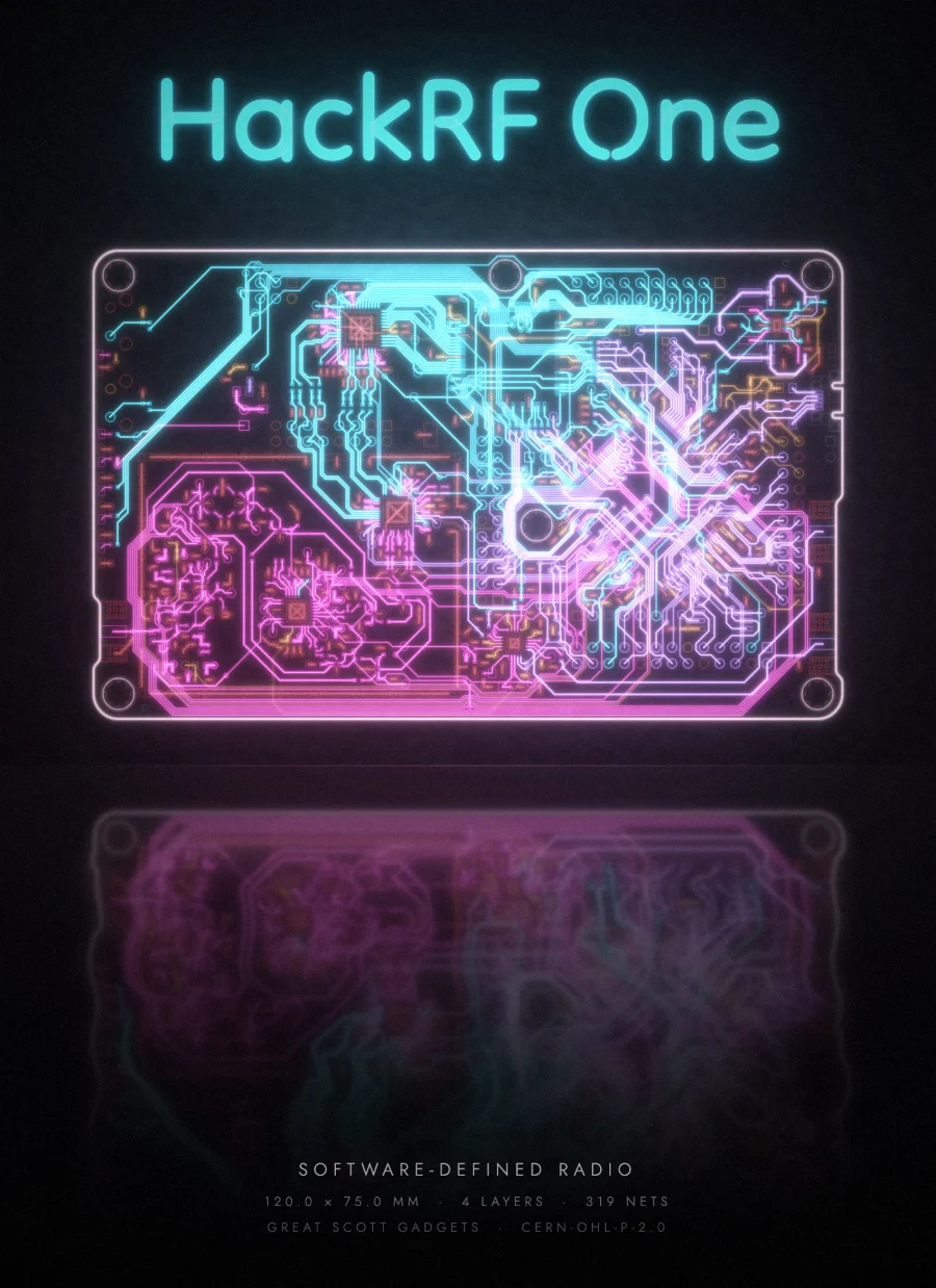 The HackRF One board drawn as glowing pink and cyan neon tubes above a reflective floor.